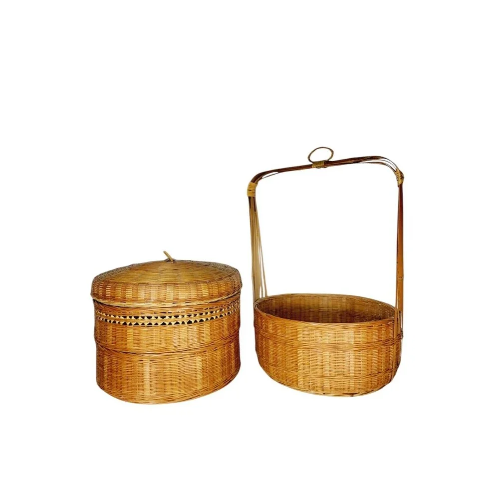 Vintage 1940s Boho Chinese Stacked Wicker Nesting Triple Storage Wedding Basket